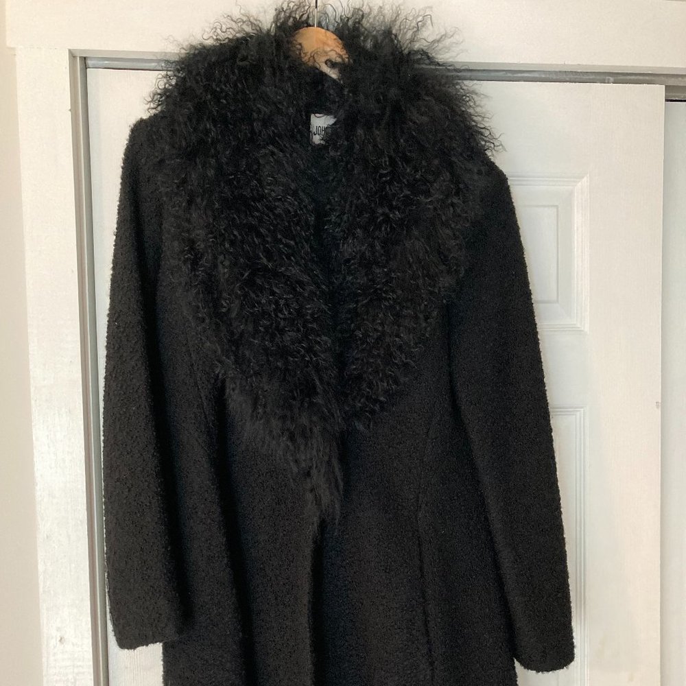 John Caruana black Lined coat Mongolian Lamb & Wool Sz 10 euc